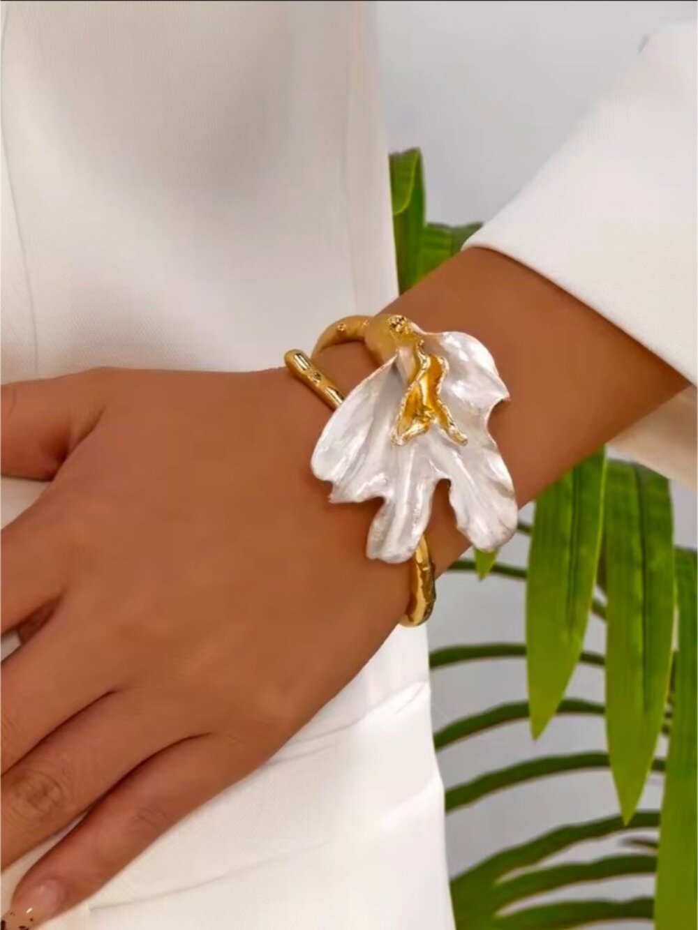 Gold and White Floral Sculpted Cuff Bracelet